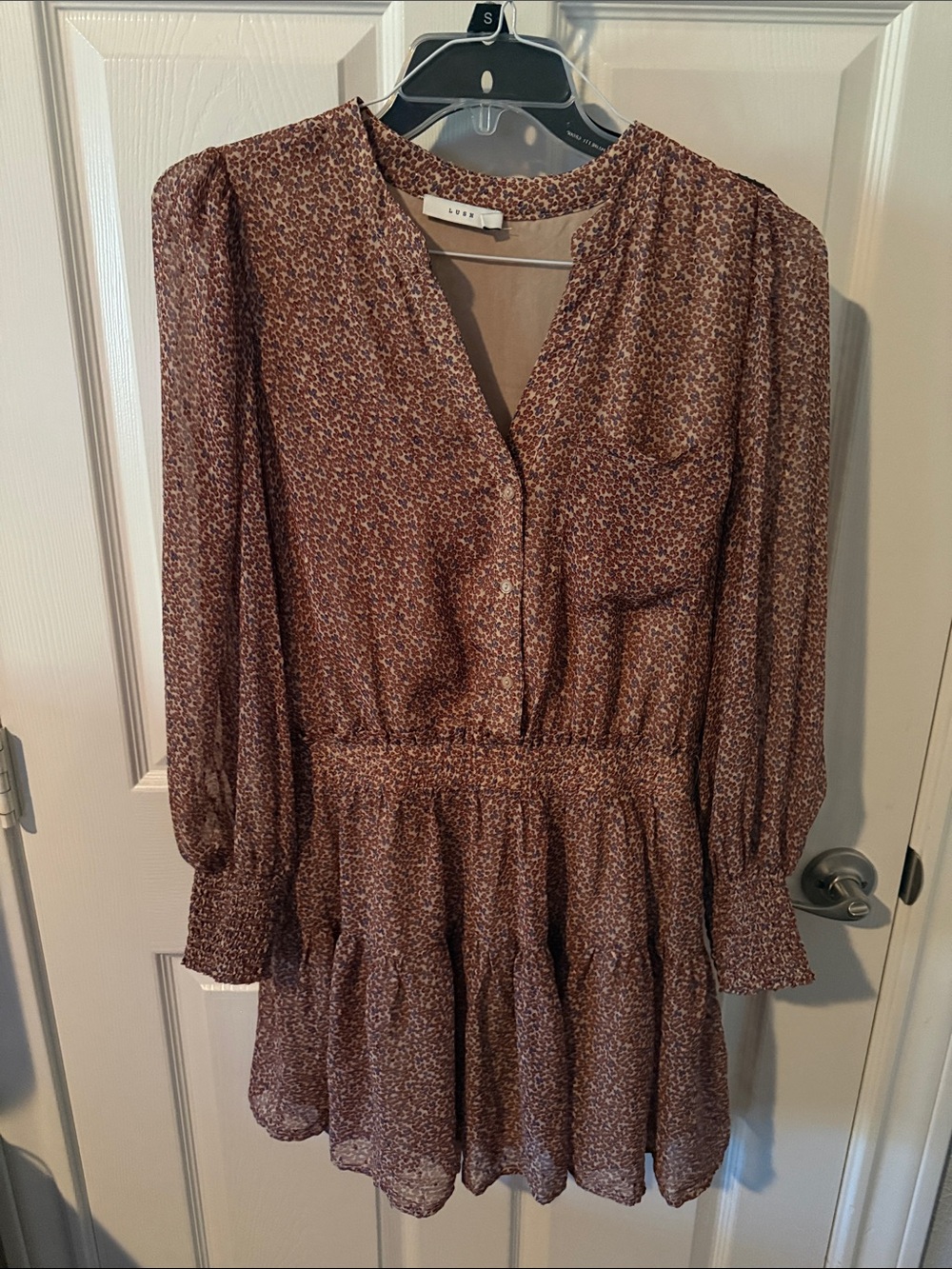 Lush Rust Floral Long Sleeve Smocked Waist Dress